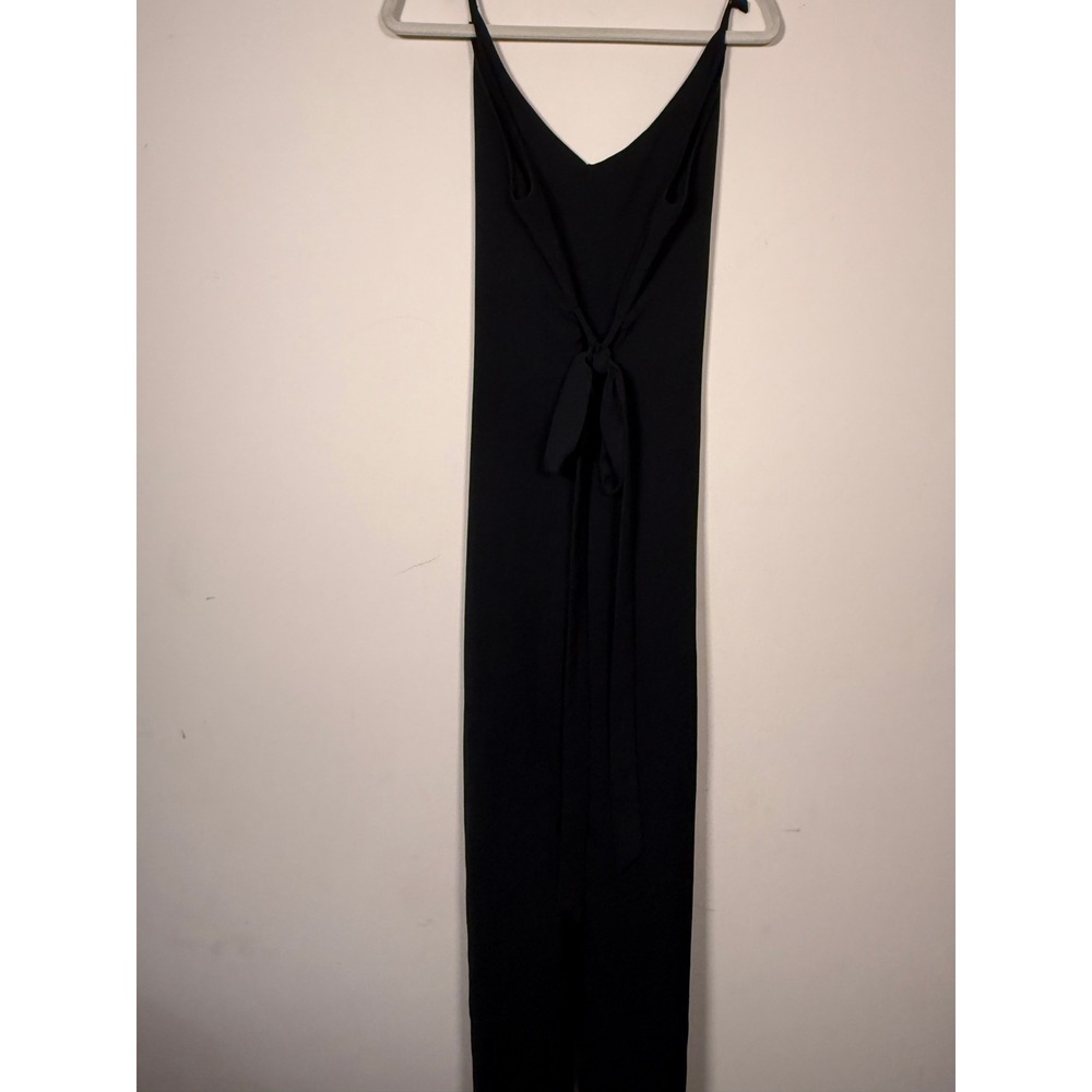Womens Wide Leg Jumpsuit V-Neck Spaghetti Strap Waist Tie Solid Black Sleeveless